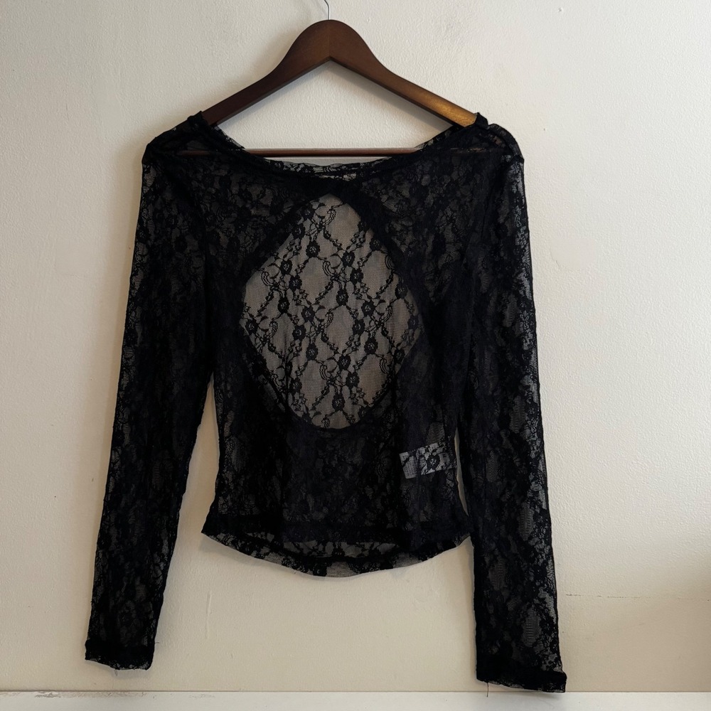 Women's M Black Lace Open Back Top Whimsigoth Grunge Coquette Lace Layers Fall